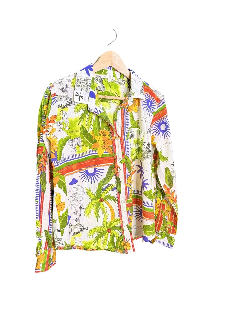 Lucky&Coco Colorful Tropical Print Button Down Resortwear Long Sleeve Shirt sz M